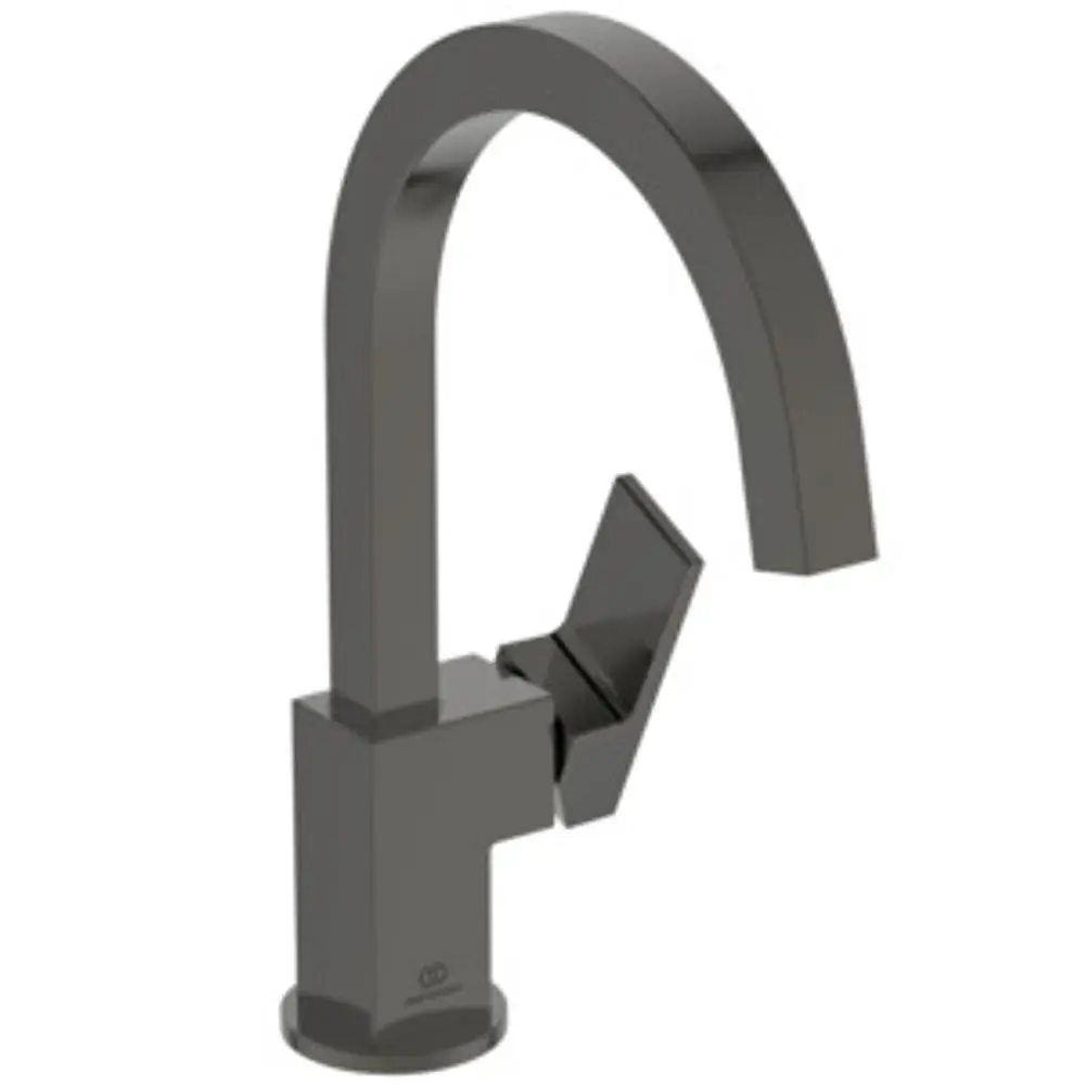 Wascharmatur mit gebogenem Auslauf, seitlichem Hebel, in Magnetic Grey. Produkt von Ideal Standard, geeignet für moderne Badezimmeranordnungen.